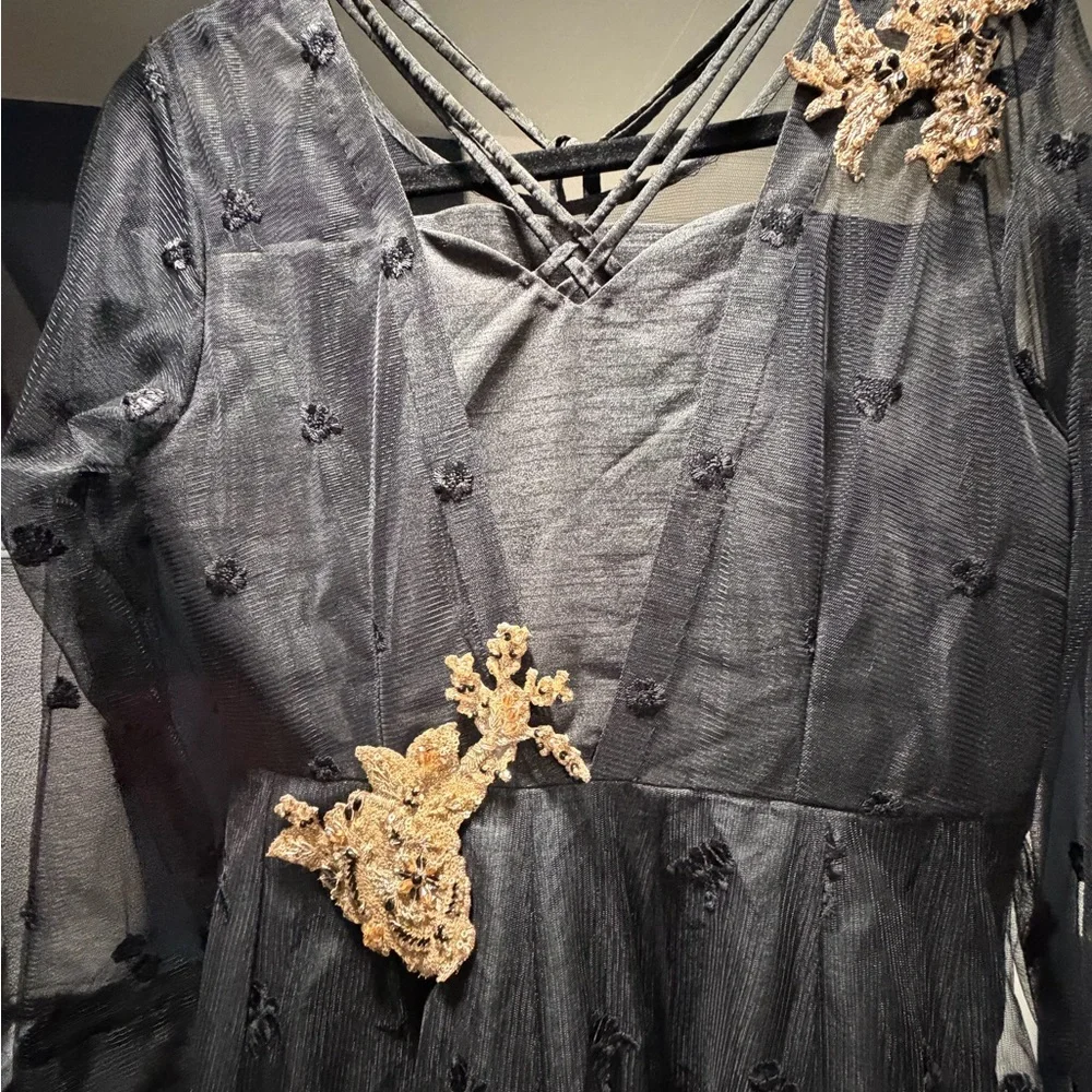 Pakistani Designer Black Dress Gown with Gold Accents - Picture 10 of 16